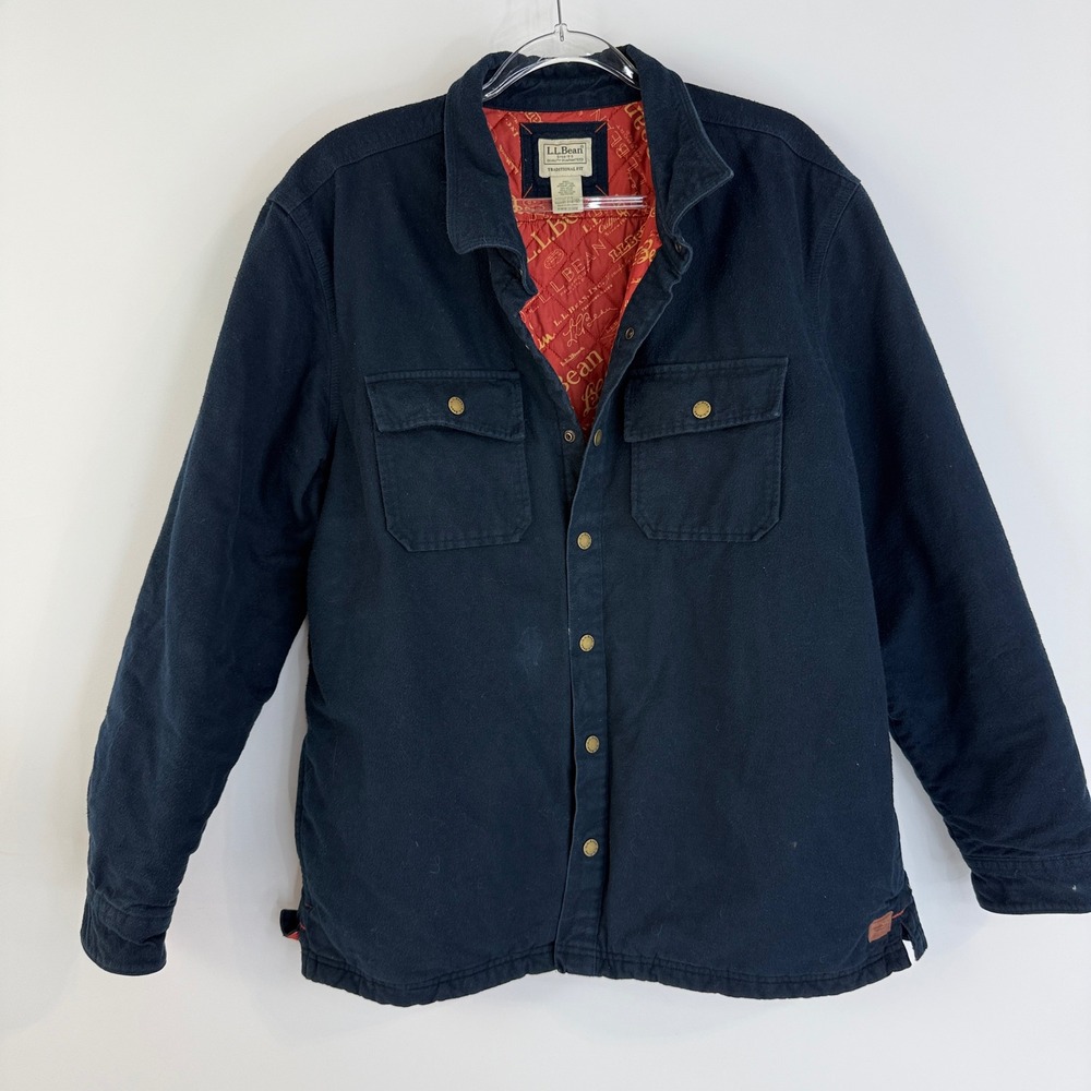 LL Bean Shirt Jacket Mens L Navy Blue Quilted Lined Insulated Shacket 518190